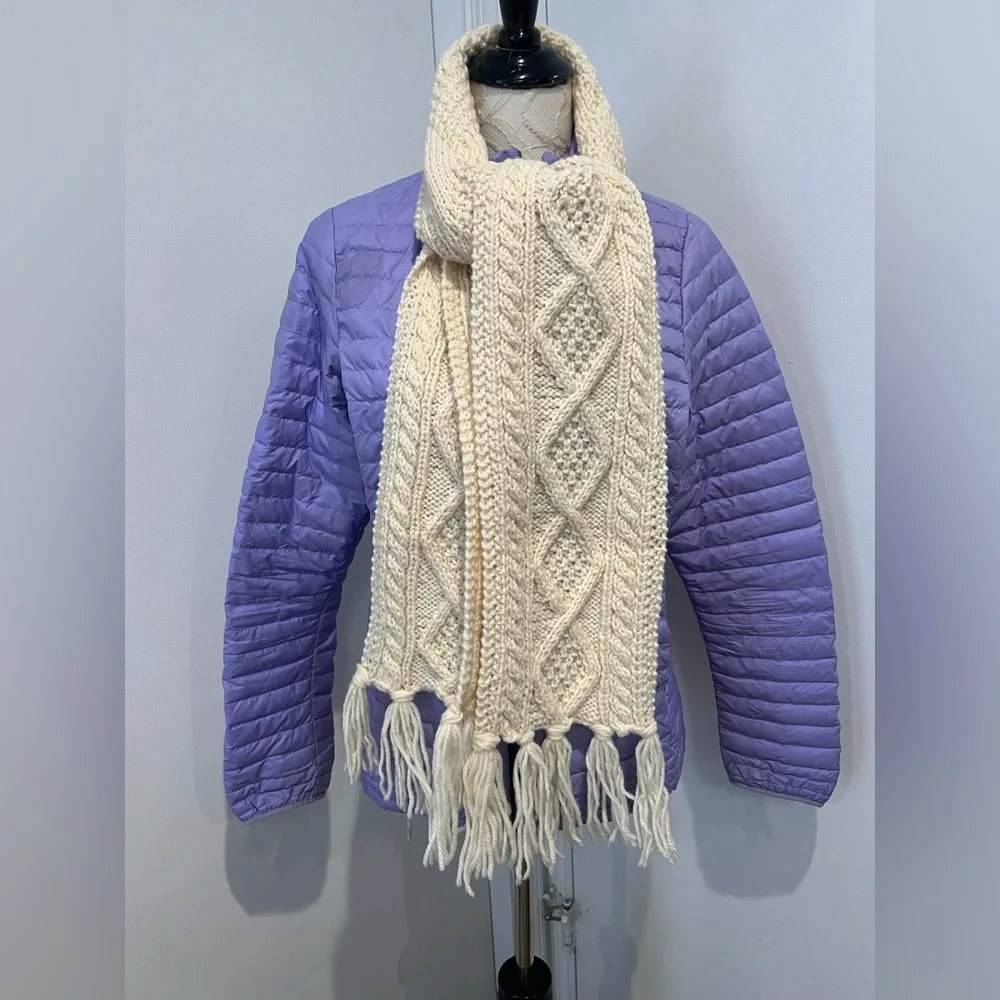 Kennedy of Ardara Handknitted Cream Wool Knit‎ Fisherman Scarf with Fringe OS